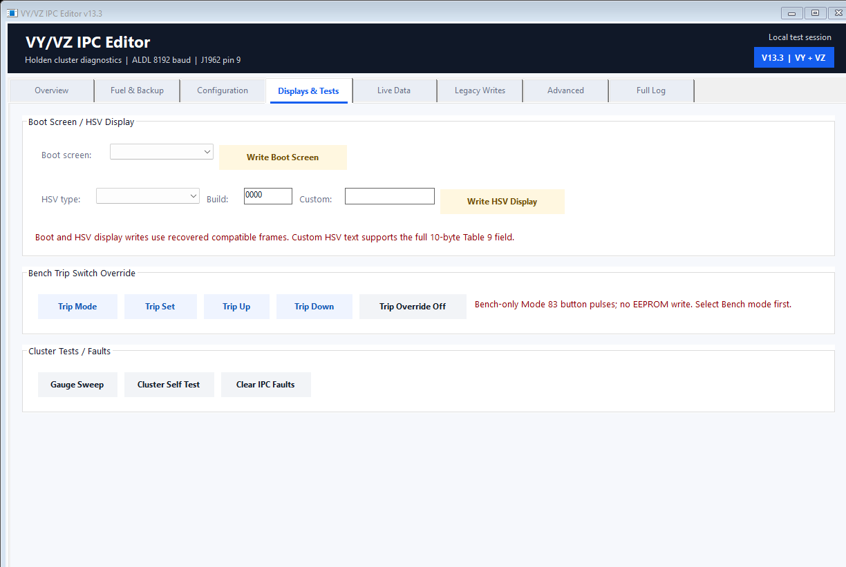 VY/VZ IPC Editor boot screen, HSV display and bench test controls