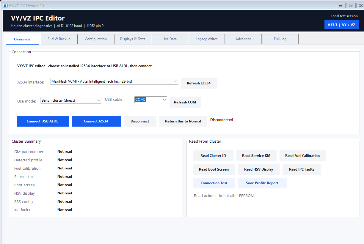 VY/VZ IPC Editor overview showing connection controls and cluster read functions